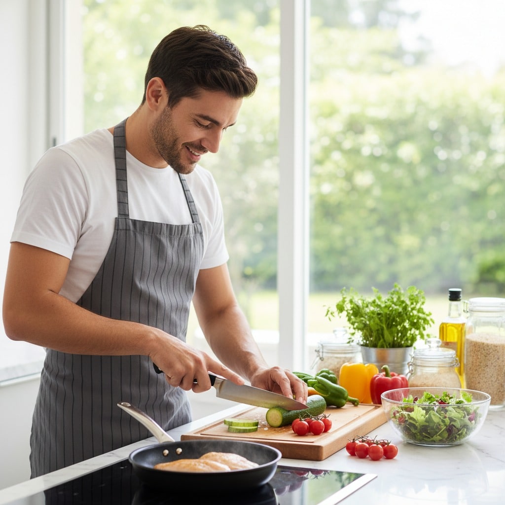 A smiling man wearing a gray apron slices a cucumber on a wooden cutting board in a bright kitchen.