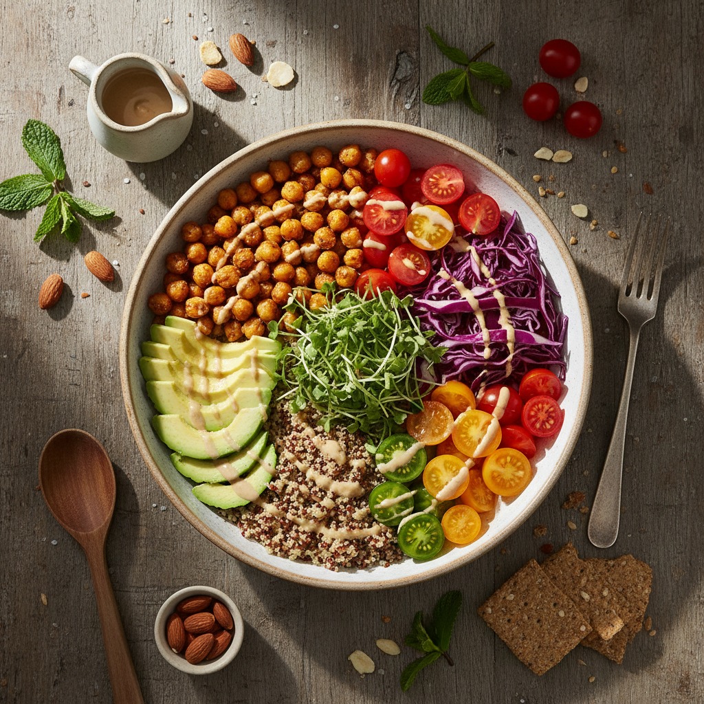 A colorful Buddha bowl filled with chickpeas, sliced avocado, quinoa, microgreens, shredded red cabbage, and a variety of cherry tomatoes, drizzled with dressing and served on a rustic wooden table.