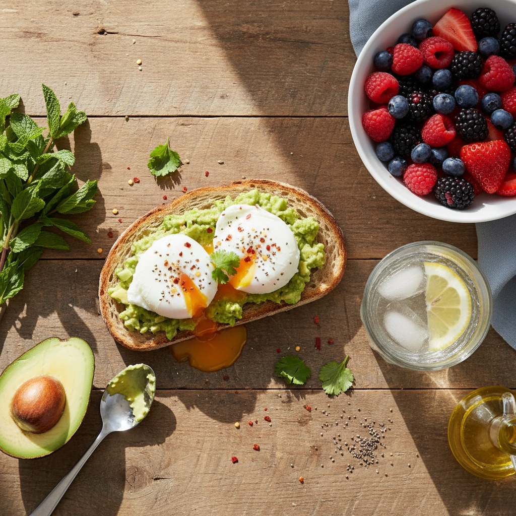 Avocado toast topped with two poached eggs sits on a wooden table next to a bowl of mixed berries, a glass of lemon water, and fresh mint.