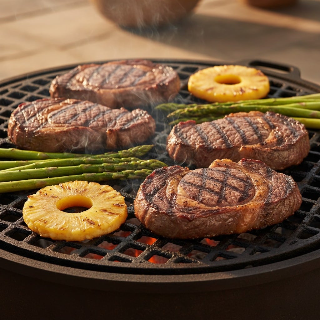 Steaks, asparagus spears, and pineapple rings grill over an open flame.
