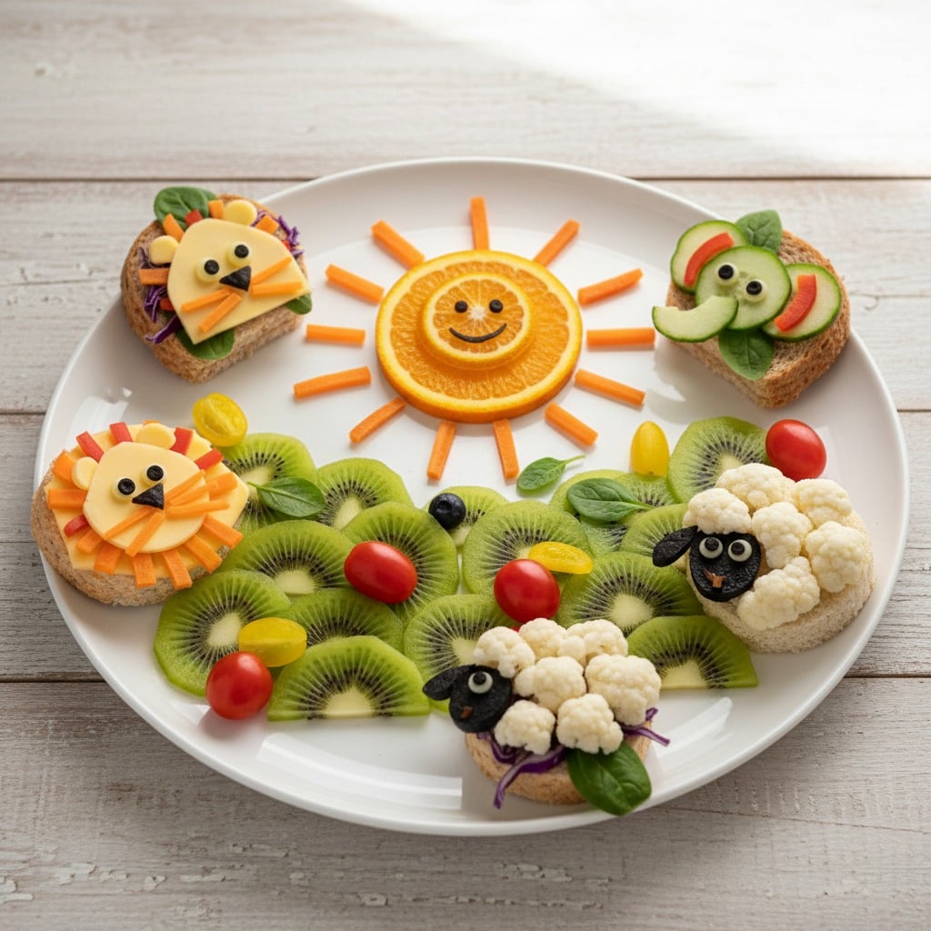 A white plate is decorated with creative animal-shaped snacks made from bread, cheese, vegetables, and fruit, arranged around a central orange slice sun.