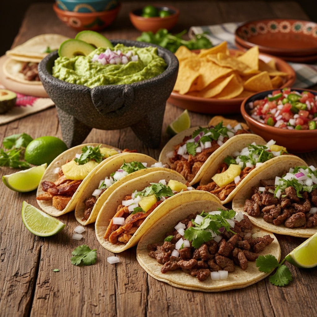 A variety of street tacos topped with meat, onions, and cilantro are arranged on a rustic wooden table alongside bowls of guacamole, salsa, and tortilla chips.