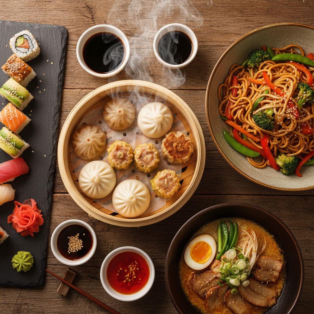 A variety of Asian dishes including sushi, steamed dumplings, stir-fried noodles, and ramen are arranged on a rustic wooden table.