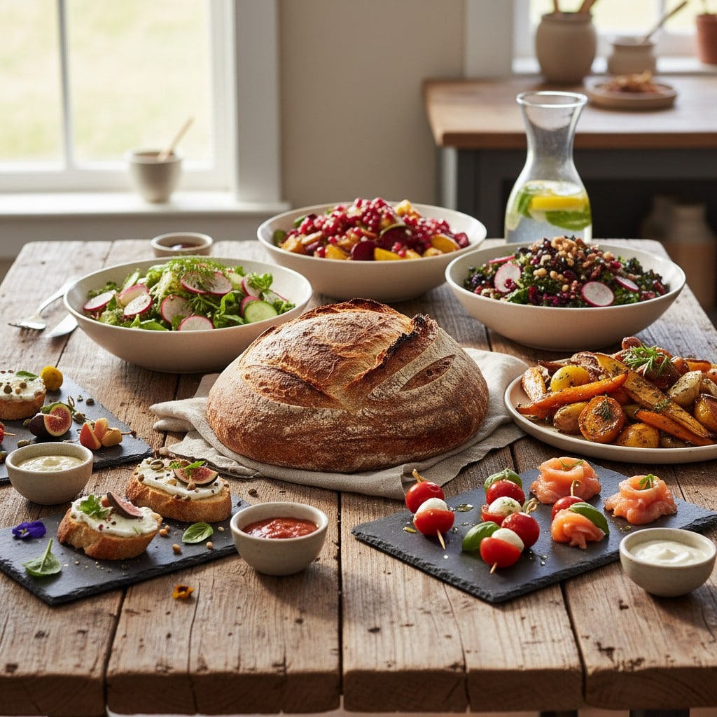 A rustic wooden table is set with a large loaf of sourdough bread, several bowls of fresh salads, roasted vegetables, and slate platters featuring appetizers like bruschetta, caprese skewers, and smoked salmon.